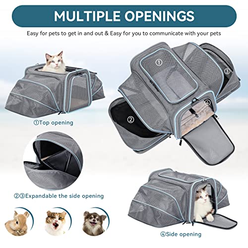 Petsfit Cat Carrier Expandable Dog Carrier for Medium Dogs, Expandable Pet Carrier Most Airline Approved, Two Side Expasion, Easy Carry on Luggage with Fleece Mat (Grey and Blue Trim) 18"x11"x11"