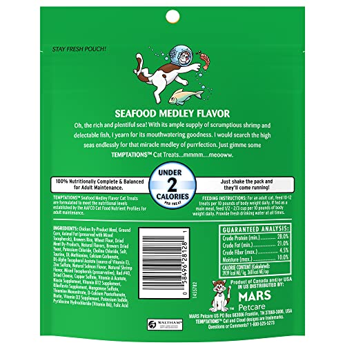 TEMPTATIONS Classic Crunchy and Soft Cat Treats Seafood Medley Flavor, 6.3 oz. Pouch