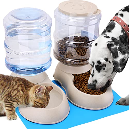Automatic Cat Feeder and Water Dispenser in Set with Pet Food Mat for Small Medium Dog Pets Puppy Kitten Big Capacity 1 Gallon x 2