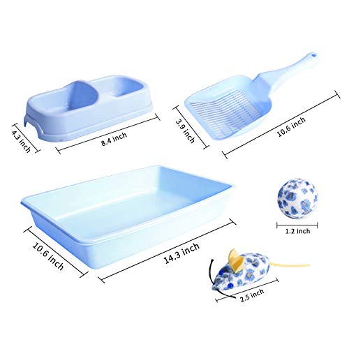 PAWISE Kitty Cat Starter Kit Includes 4-Pieces - Cat Litter Pan, Cat Litter Scooper, Cat Bowls, Cat Toy, 14.5x10.5 Inches, Blue
