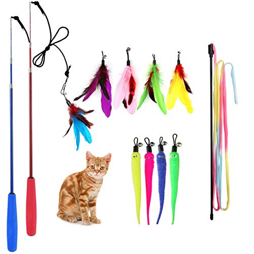 M JJYPET Retractable Cat Wand Toys,12 Packs Interactive Cat Feather Toy,9 Assorted Teaser Refills with Bell for Cat,Kitten