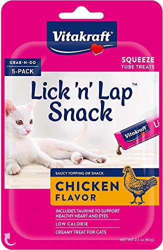 Vitakraft Lick 'n' Lap Chicken Flavor Creamy Treats for Cats, Low Calorie, Grab-n-Go Squeeze Tube Treats or Saucy Food Topping, 5 Pack, Model:051233359670