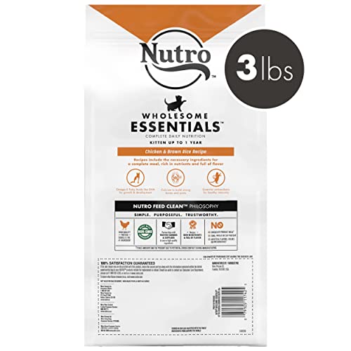NUTRO WHOLESOME ESSENTIALS Kitten Natural Dry Cat Food for Early Development Farm-Raised Chicken & Brown Rice Recipe, 3 lb. Bag