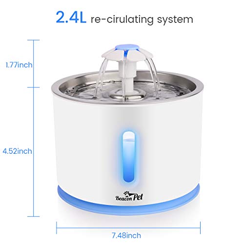 Beacon Pet Cat Water Fountain Stainless Steel, LED 81oz/2.4L Automatic Pet Fountain Dog Water Dispenser with 1 Replacement Filters for Cats Dogs Birds
