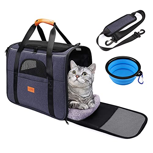 pueikai Pet Carrier Bag, Portable Breathable Pet Travel Bag for Cat and Dog of 15 lbs, Airline Approved Cat Carrier Travel Bag with Safety Inner Leash, Foldable Bowl, Washable Soft Mat