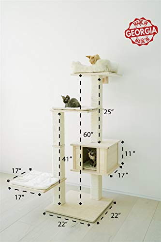 PAWMONA 60" Multi-Level Sturdy cat Tree condo | Made with Durable Natural Birch Wood, Square-Shaped Scratching-Posts, Covered, Natural sisal | Machine Washable - Made in Georgia