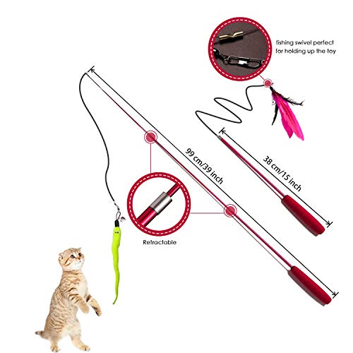 M JJYPET Retractable Cat Wand Toys,12 Packs Interactive Cat Feather Toy,9 Assorted Teaser Refills with Bell for Cat,Kitten