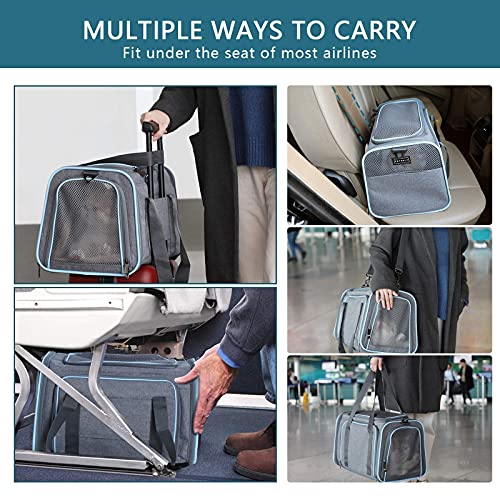 Petsfit Cat Carrier Expandable Dog Carrier for Medium Dogs, Expandable Pet Carrier Most Airline Approved, Two Side Expasion, Easy Carry on Luggage with Fleece Mat (Grey and Blue Trim) 18"x11"x11"
