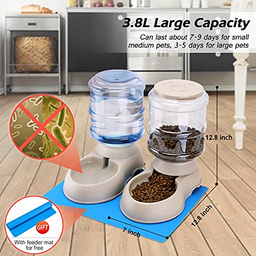 Automatic Cat Feeder and Water Dispenser in Set with Pet Food Mat for Small Medium Dog Pets Puppy Kitten Big Capacity 1 Gallon x 2