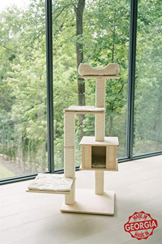 PAWMONA 60" Multi-Level Sturdy cat Tree condo | Made with Durable Natural Birch Wood, Square-Shaped Scratching-Posts, Covered, Natural sisal | Machine Washable - Made in Georgia