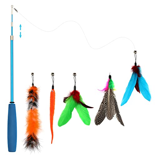 Depets Feather Teaser Cat Toy, Retractable Cat Wand Toy & 5PCS Assorted Teaser Refills with Bell, Interactive Catcher Teaser Toy Cat Feather Toy Funny Exercise for Indoor Cat and Kitten