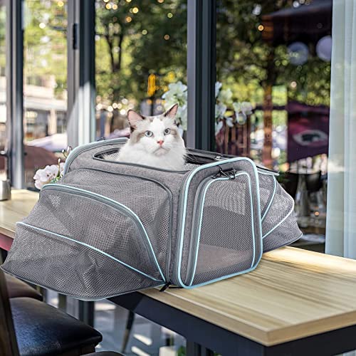 Petsfit Cat Carrier Expandable Dog Carrier for Medium Dogs, Expandable Pet Carrier Most Airline Approved, Two Side Expasion, Easy Carry on Luggage with Fleece Mat (Grey and Blue Trim) 18"x11"x11"