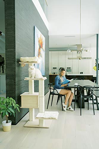 PAWMONA 60" Multi-Level Sturdy cat Tree condo | Made with Durable Natural Birch Wood, Square-Shaped Scratching-Posts, Covered, Natural sisal | Machine Washable - Made in Georgia