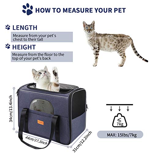 pueikai Pet Carrier Bag, Portable Breathable Pet Travel Bag for Cat and Dog of 15 lbs, Airline Approved Cat Carrier Travel Bag with Safety Inner Leash, Foldable Bowl, Washable Soft Mat