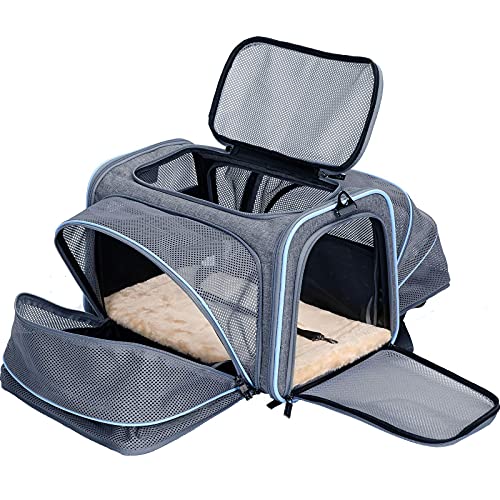 Petsfit Cat Carrier Expandable Dog Carrier for Medium Dogs, Expandable Pet Carrier Most Airline Approved, Two Side Expasion, Easy Carry on Luggage with Fleece Mat (Grey and Blue Trim) 18"x11"x11"