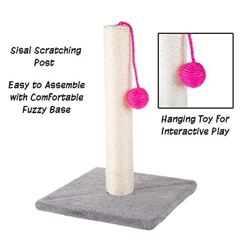 PETMAKER Cat Scratching Post  Scratcher for Cats and Kittens with Sisal Rope and Square Base, Hanging Toy Ball for Interactive Play (17 Inch)