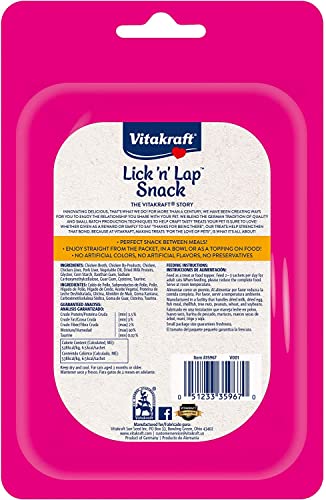 Vitakraft Lick 'n' Lap Chicken Flavor Creamy Treats for Cats, Low Calorie, Grab-n-Go Squeeze Tube Treats or Saucy Food Topping, 5 Pack, Model:051233359670