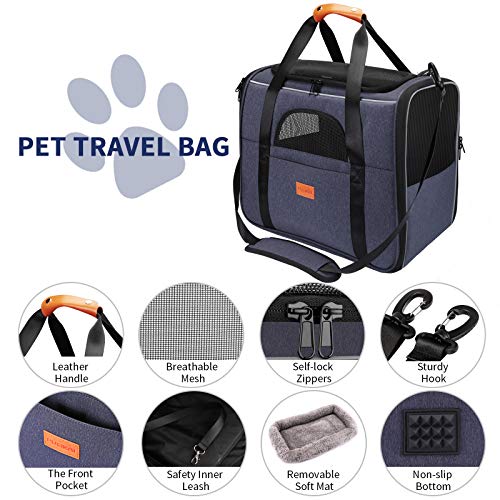 pueikai Pet Carrier Bag, Portable Breathable Pet Travel Bag for Cat and Dog of 15 lbs, Airline Approved Cat Carrier Travel Bag with Safety Inner Leash, Foldable Bowl, Washable Soft Mat