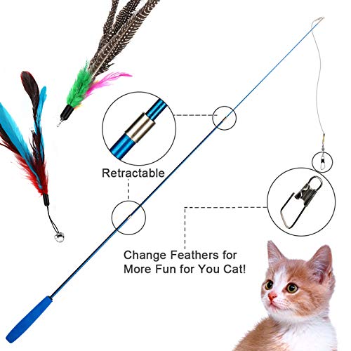 Depets Feather Teaser Cat Toy, Retractable Cat Wand Toy & 5PCS Assorted Teaser Refills with Bell, Interactive Catcher Teaser Toy Cat Feather Toy Funny Exercise for Indoor Cat and Kitten