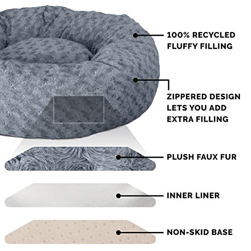 Furhaven Pet Dog Bed | Round Plush Faux Fur Ultra Calming Deep Sleep Cushion Non-Skid Cuddler Donut Pet Bed w/ Removable Cover for Dogs & Cats, Silver Frosting, Large