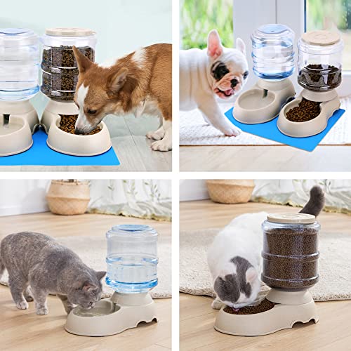 Automatic Cat Feeder and Water Dispenser in Set with Pet Food Mat for Small Medium Dog Pets Puppy Kitten Big Capacity 1 Gallon x 2