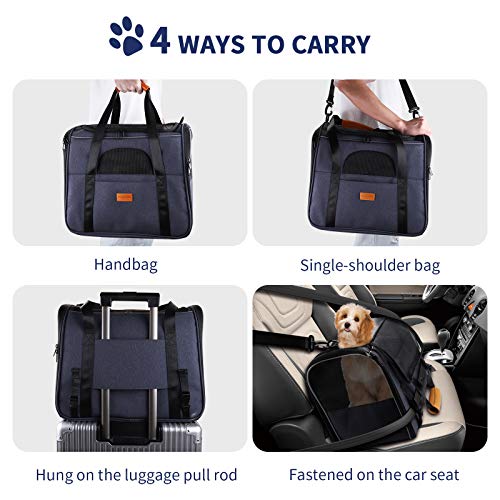 pueikai Pet Carrier Bag, Portable Breathable Pet Travel Bag for Cat and Dog of 15 lbs, Airline Approved Cat Carrier Travel Bag with Safety Inner Leash, Foldable Bowl, Washable Soft Mat