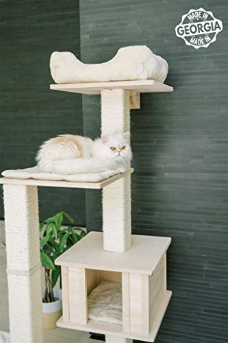 PAWMONA 60" Multi-Level Sturdy cat Tree condo | Made with Durable Natural Birch Wood, Square-Shaped Scratching-Posts, Covered, Natural sisal | Machine Washable - Made in Georgia