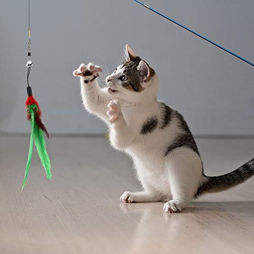 Depets Feather Teaser Cat Toy, Retractable Cat Wand Toy & 5PCS Assorted Teaser Refills with Bell, Interactive Catcher Teaser Toy Cat Feather Toy Funny Exercise for Indoor Cat and Kitten