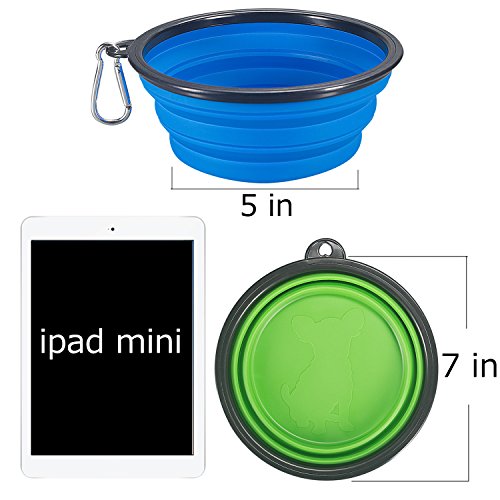 COMSUN 2-Pack Extra Large Size Collapsible Dog Bowl, Food Grade Silicone BPA Free, Foldable Expandable Cup Dish for Pet Cat Food Water Feeding Portable Travel Bowl Blue and Green Free Carabiner