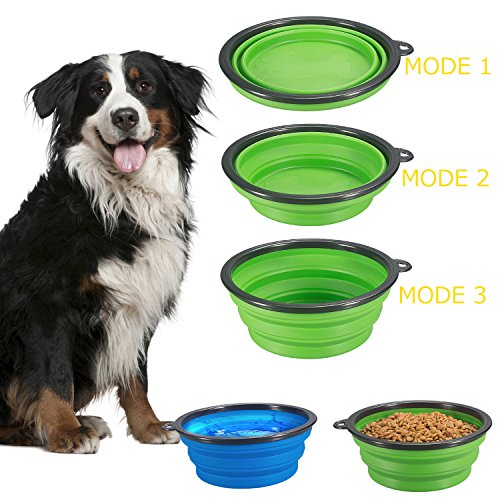 COMSUN 2-Pack Extra Large Size Collapsible Dog Bowl, Food Grade Silicone BPA Free, Foldable Expandable Cup Dish for Pet Cat Food Water Feeding Portable Travel Bowl Blue and Green Free Carabiner