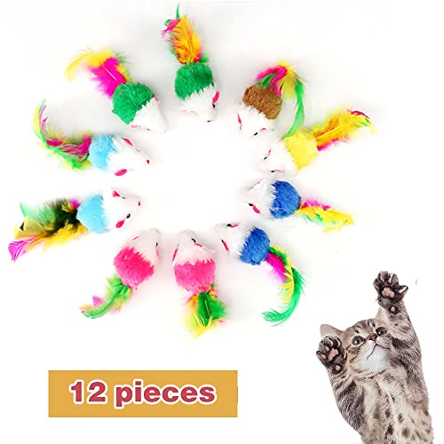 pawstrip Cat Toy Furry Mice,Rattling Cat Toy Mouse with Further Tail, Pack of 12pcs