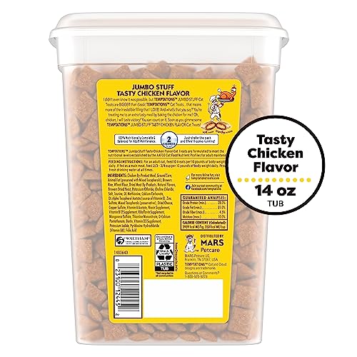 TEMPTATIONS Jumbo Stuff Cat Treats, Tasty Chicken Flavor, 14 oz. Tub