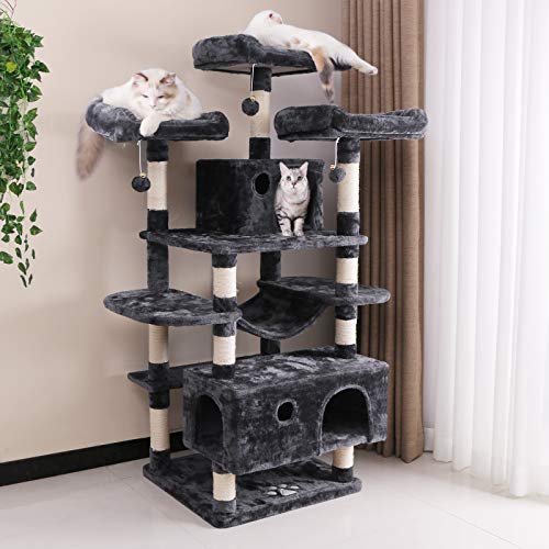 BEWISHOME Large Cat Tree Condo with Sisal Scratching Posts Perches Houses Hammock, Cat Tower Furniture Kitty Activity Center Kitten Play House Grey MMJ03B