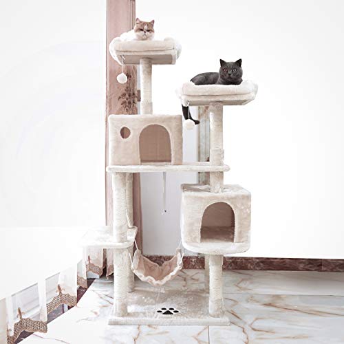 Hey-brother Large Multi-Level Cat Tree Condo Furniture with Sisal-Covered Scratching Posts, 2 Bigger Plush Condos, Perch Hammock for Kittens, Cats and Pets Beige MPJ020M