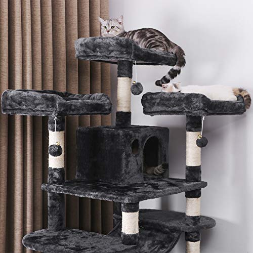 BEWISHOME Large Cat Tree Condo with Sisal Scratching Posts Perches Houses Hammock, Cat Tower Furniture Kitty Activity Center Kitten Play House Grey MMJ03B
