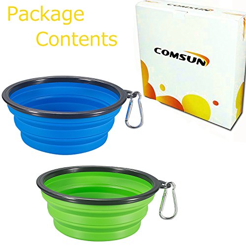 COMSUN 2-Pack Extra Large Size Collapsible Dog Bowl, Food Grade Silicone BPA Free, Foldable Expandable Cup Dish for Pet Cat Food Water Feeding Portable Travel Bowl Blue and Green Free Carabiner