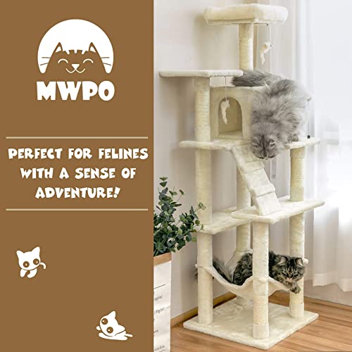 MWPO 63.8 inches Multi-Level Cat Tree for Large Cats with Sisal-Covered Scratching Posts, Padded Platform, Hammock and Condo,Stable Cat Tower Cat Condo Pet Play House-Beige