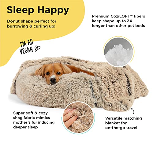 Best Friends by Sheri Bundle Savings - The Original Calming Shag Donut Cuddler Dog Bed in Small 23"" x 23"" and Pet Throw Blanket in 30"" x 40"", Taupe. (BND-DBT-SHG-TAU-23SM)