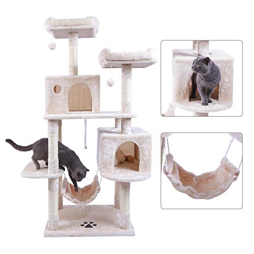 Hey-brother Large Multi-Level Cat Tree Condo Furniture with Sisal-Covered Scratching Posts, 2 Bigger Plush Condos, Perch Hammock for Kittens, Cats and Pets Beige MPJ020M