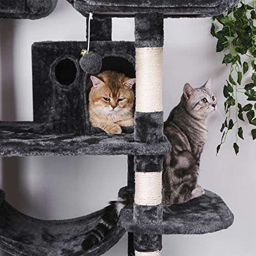 BEWISHOME Large Cat Tree Condo with Sisal Scratching Posts Perches Houses Hammock, Cat Tower Furniture Kitty Activity Center Kitten Play House Grey MMJ03B