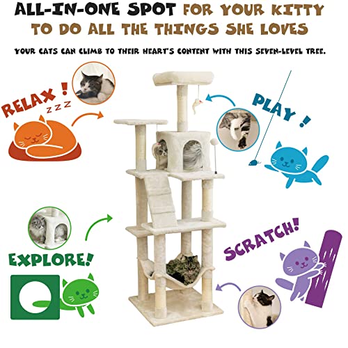 MWPO 63.8 inches Multi-Level Cat Tree for Large Cats with Sisal-Covered Scratching Posts, Padded Platform, Hammock and Condo,Stable Cat Tower Cat Condo Pet Play House-Beige