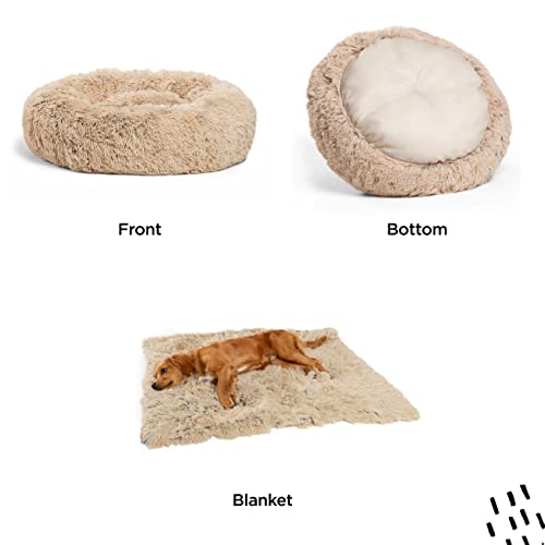 Best Friends by Sheri Bundle Savings - The Original Calming Shag Donut Cuddler Dog Bed in Small 23"" x 23"" and Pet Throw Blanket in 30"" x 40"", Taupe. (BND-DBT-SHG-TAU-23SM)