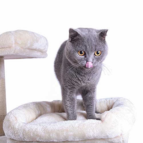 Hey-brother Large Multi-Level Cat Tree Condo Furniture with Sisal-Covered Scratching Posts, 2 Bigger Plush Condos, Perch Hammock for Kittens, Cats and Pets Beige MPJ020M