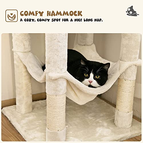 MWPO 63.8 inches Multi-Level Cat Tree for Large Cats with Sisal-Covered Scratching Posts, Padded Platform, Hammock and Condo,Stable Cat Tower Cat Condo Pet Play House-Beige