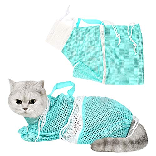HATIKY Cat Bathing Bag?Puppy Dog Cleaning Shower Bag- Adjustable Anti-Bite and Anti-Scratch Polyester Soft Restraint Cat Grooming Bag for Bathing, Nail Trimming, Injection, Medicine Taking (Green)