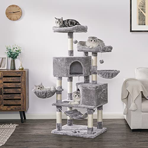 BEWISHOME Multi-Level Cat Tree Condo with Sisal Scratching Posts, Perches, Houses, Hammock and Baskets, Cat Tower Furniture Kitty Activity Center Kitten Play House Light Grey MMJ05G