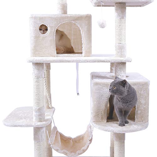 Hey-brother Large Multi-Level Cat Tree Condo Furniture with Sisal-Covered Scratching Posts, 2 Bigger Plush Condos, Perch Hammock for Kittens, Cats and Pets Beige MPJ020M