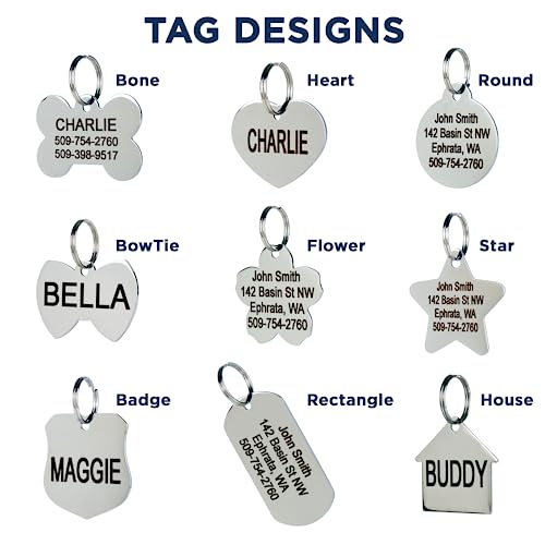 GoTags Stainless Steel Pet ID Tags, Personalized Dog Tags and Cat Tags, up to 8 Lines of Custom Text Engraved on Both Sides, in Bone, Round, Heart, Bow Tie, Flower, Star and More (Bowtie, Regular)