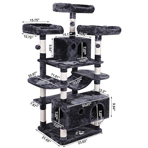 BEWISHOME Large Cat Tree Condo with Sisal Scratching Posts Perches Houses Hammock, Cat Tower Furniture Kitty Activity Center Kitten Play House Grey MMJ03B