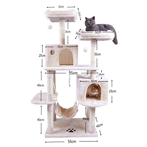 Hey-brother Large Multi-Level Cat Tree Condo Furniture with Sisal-Covered Scratching Posts, 2 Bigger Plush Condos, Perch Hammock for Kittens, Cats and Pets Beige MPJ020M